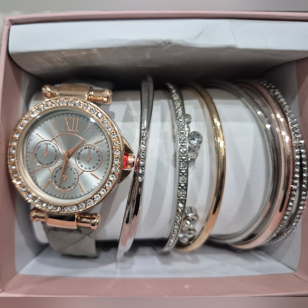 Rose Gold Watch And 7 Bangle Set